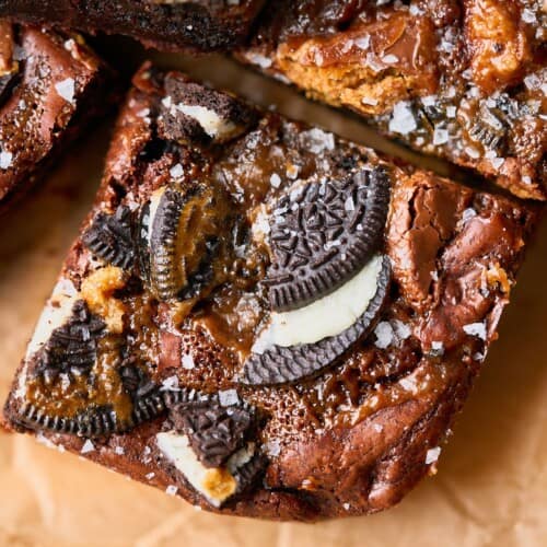 Loaded brownies with reese's peanut butter cups and oreos.