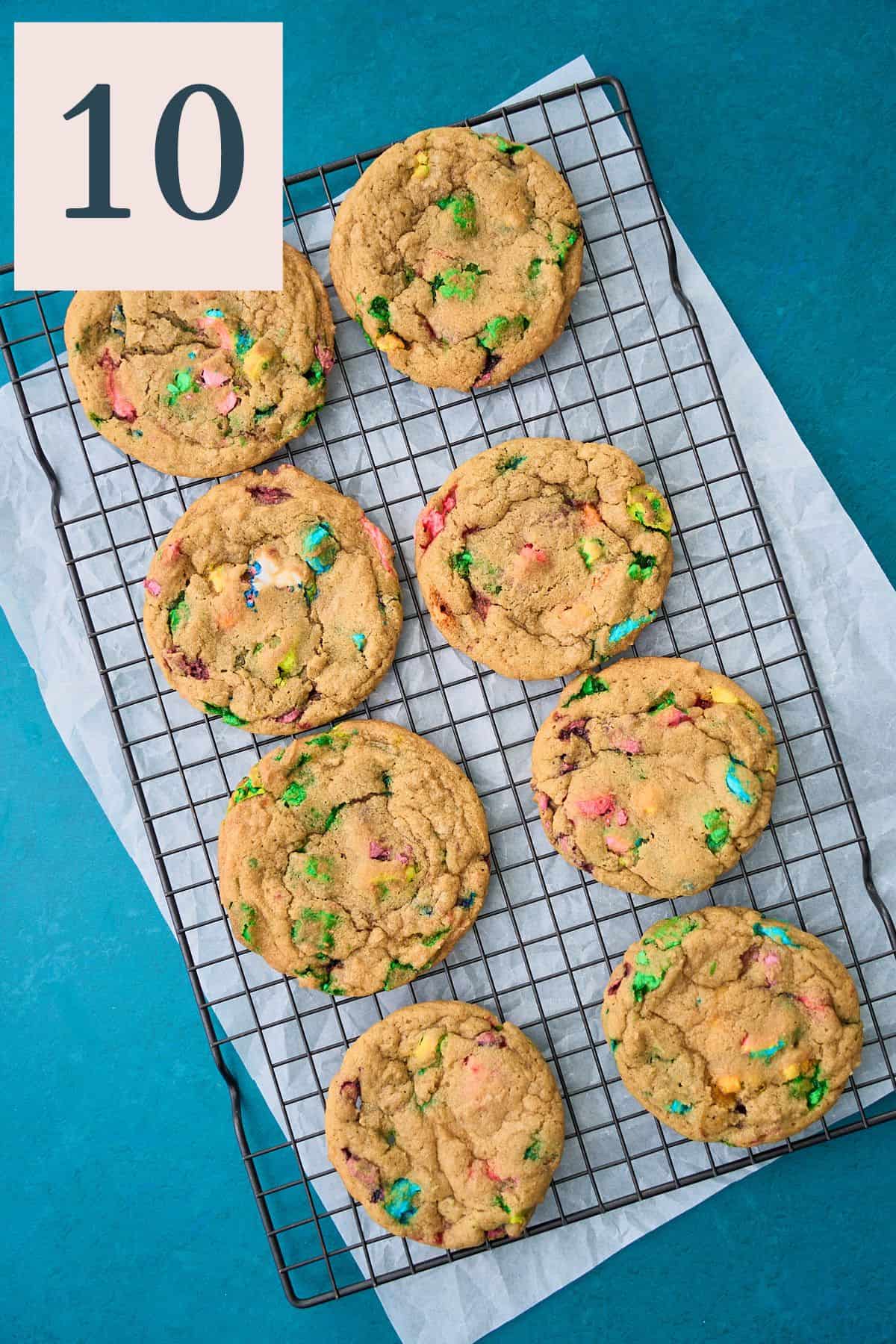 Lucky charms cookies cooling on a cooling rack.
