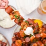 Smoked Sausage and Shrimp Skewers.