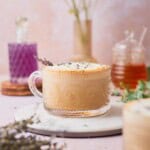 Cozy honey lavender latte with dried flowers, fresh honey, and simple syrup.