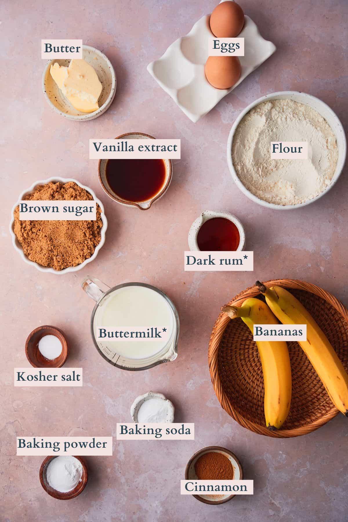 Ingredients to make bananas foster pancakes laid out on a table and labeled to denote each ingredient. 