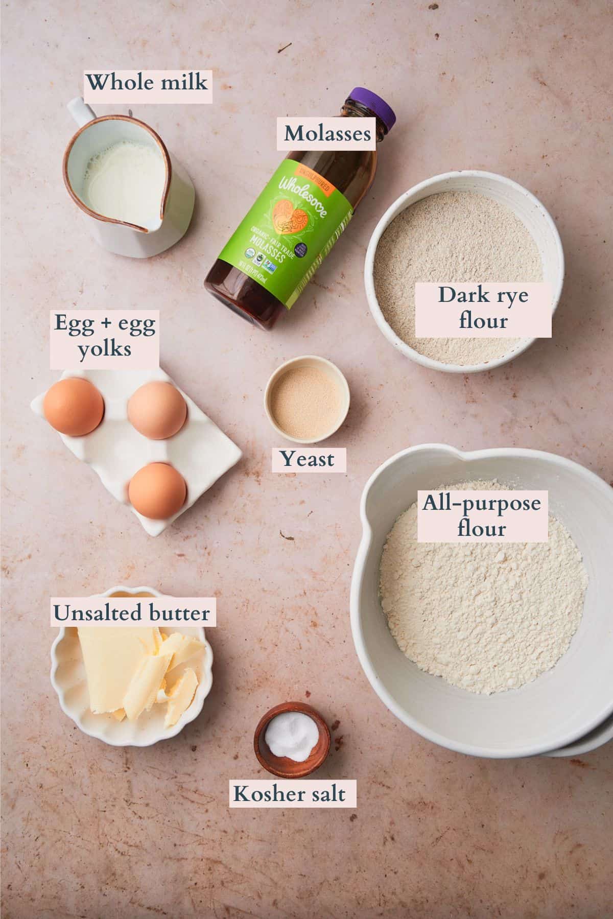 Ingredients to make soft rye dinner rolls laid out on a table and labeled to denote each ingredient.