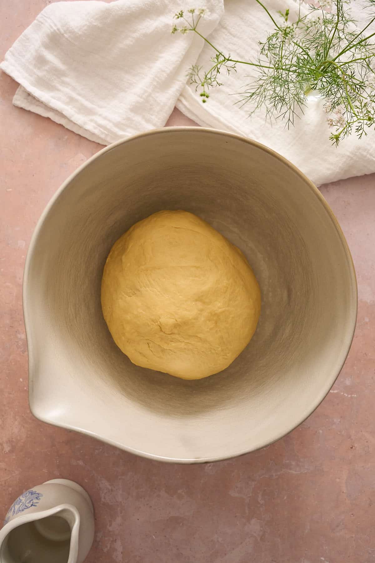 Ball of dough in a bowl to rise. 