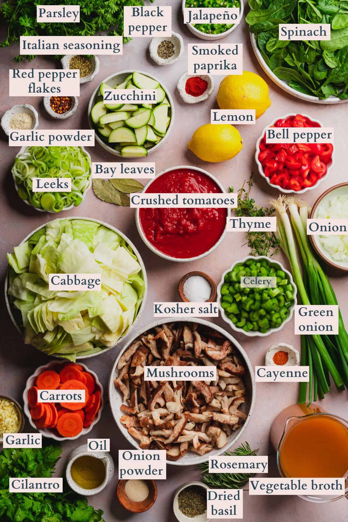 Ingredients to make spicy vegetable soup laid out on a table and labeled to denote each ingredient.