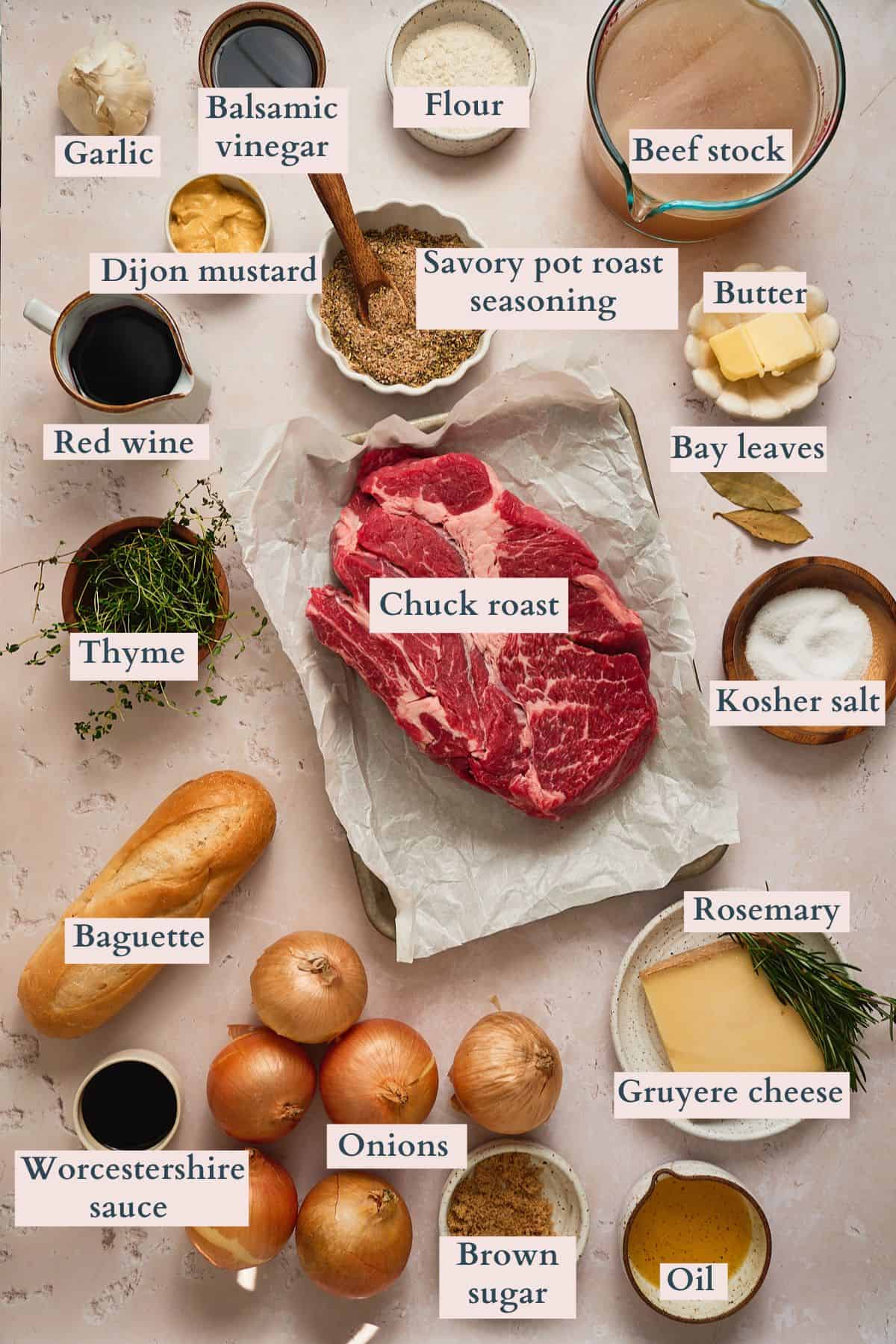 Ingredients to make a French onion soup pot roast laid out on a table and labeled to denote each ingredient.