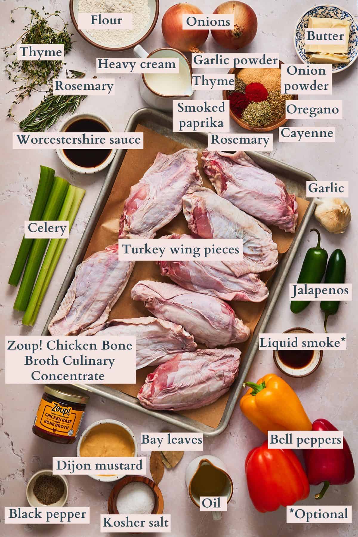 Ingredients to make smothered turkey wings laid out on a table and labeled to denote each ingredient.
