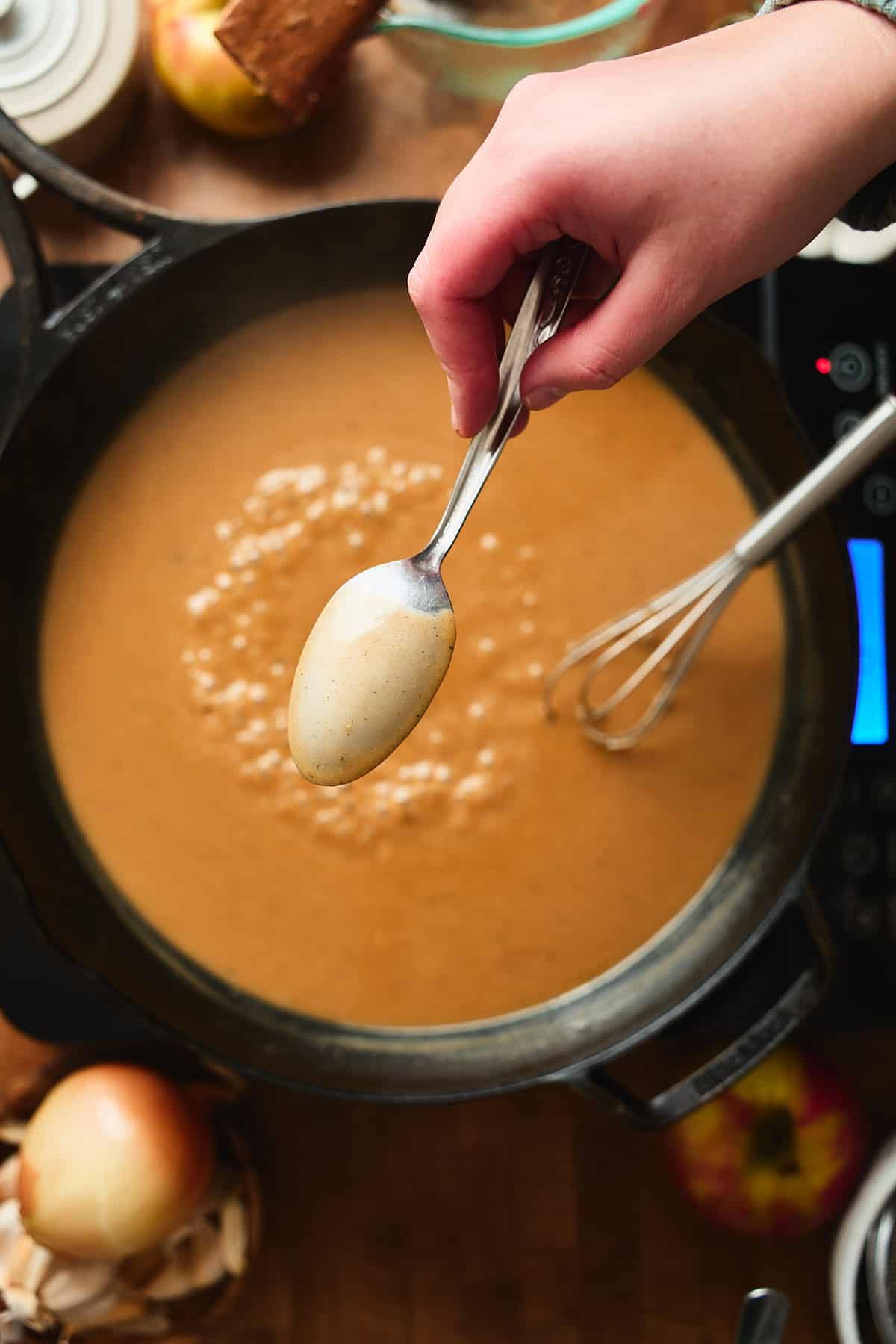 Hand holding a spoon to the camera to show the gravy coating the back of the spoon.