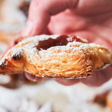 Homemade super flaky rough puff pastry showing tons of layers.
