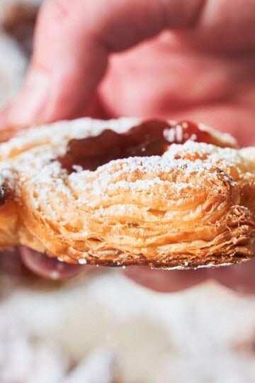 Homemade super flaky rough puff pastry showing tons of layers.