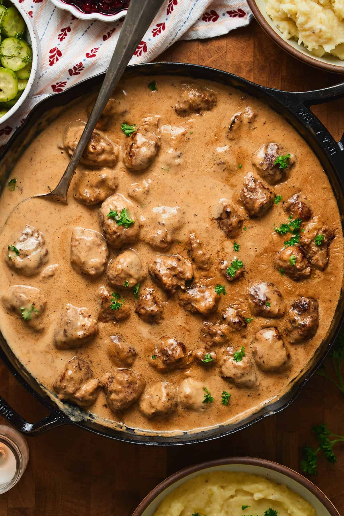 Swedish meatballs in a creamy gravy topped with parsley.