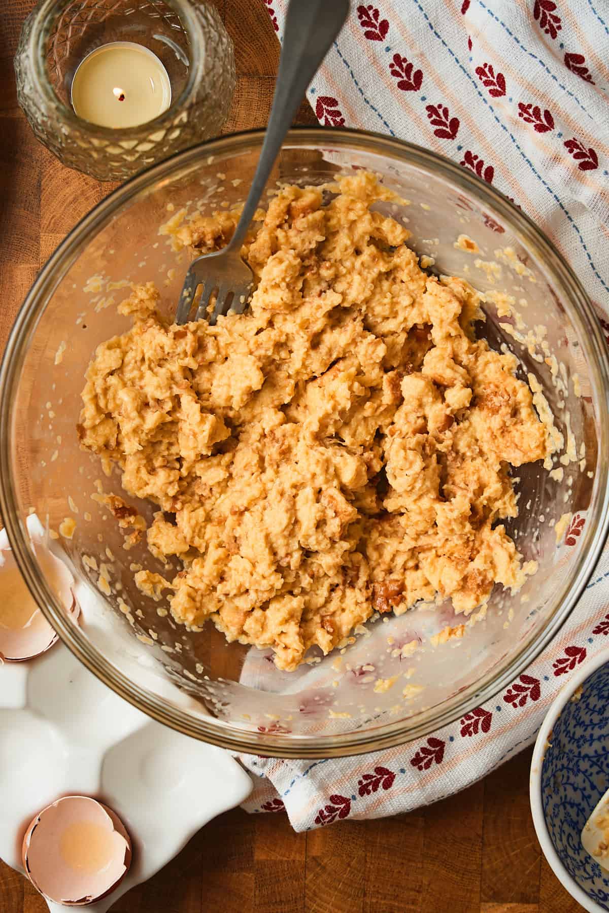 Egg and bread mixture being made into a panade.