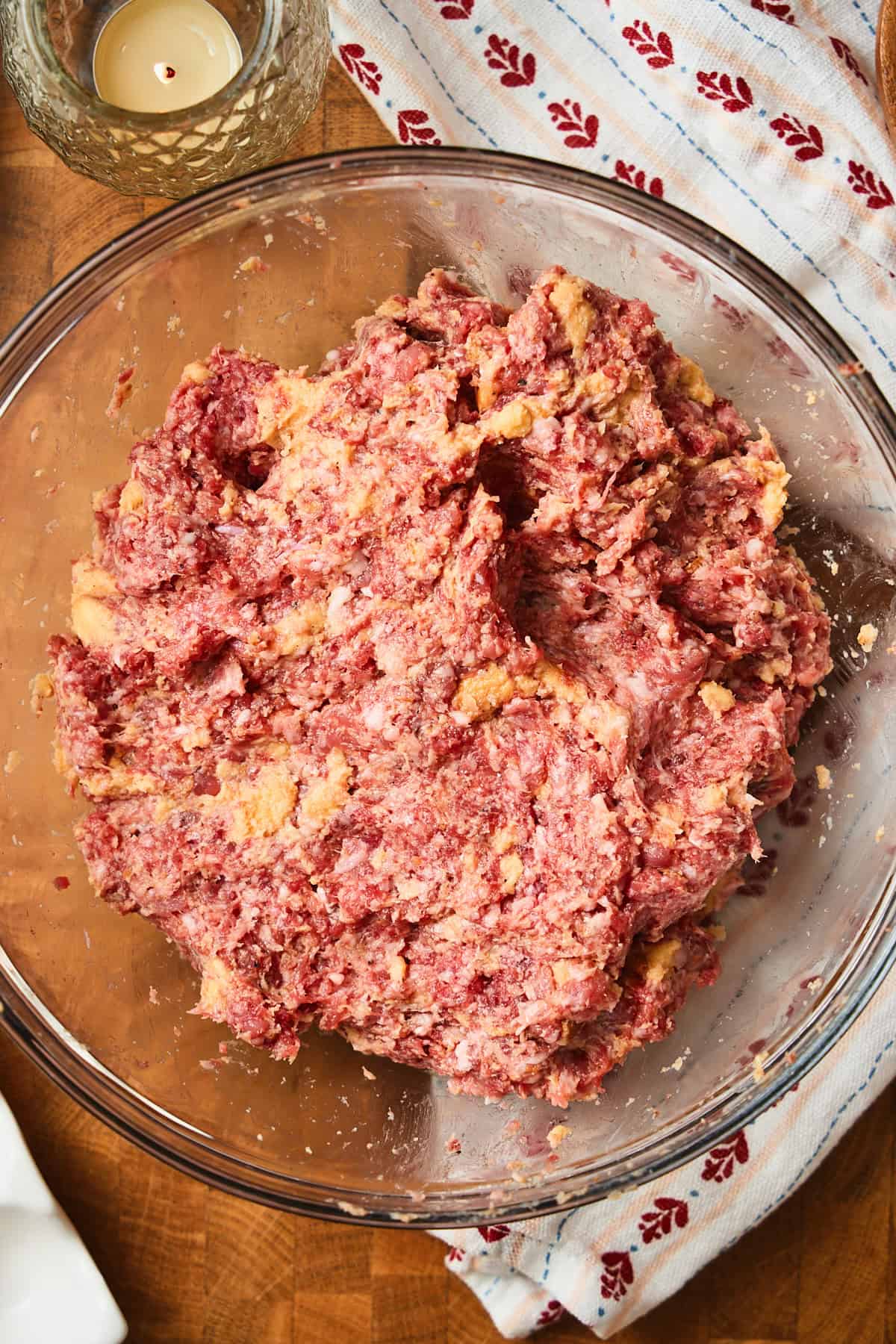 Meatball mixture combined in a bowl.