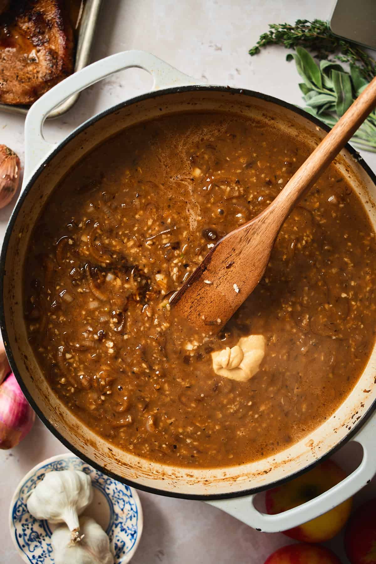 Dijon mustard and Worcestershire sauce added to pan sauce.