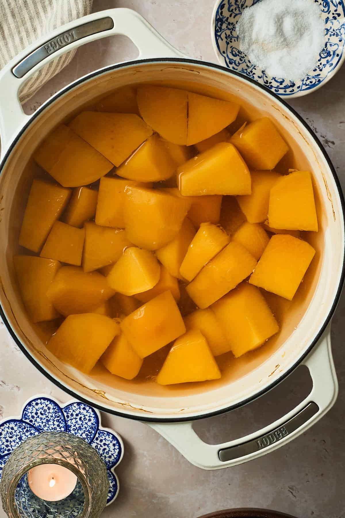 Rutabaga that has been cooked in boiled water so it has deepened in color.