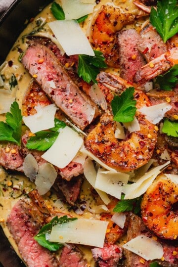 Steak and Shrimp Skillet with Parmesan Cream Sauce.