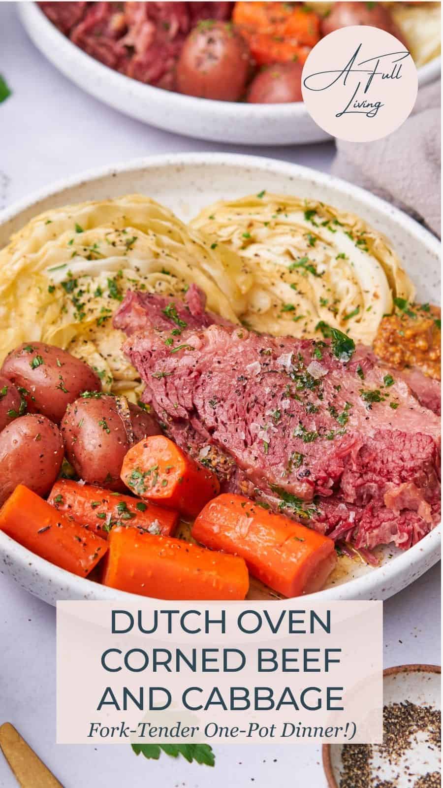 Dutch oven corned beef and cabbage with carrots and potatoes.