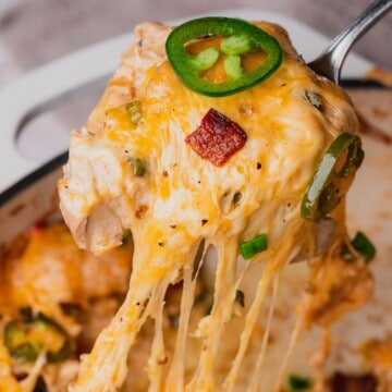 Spoonful of creamy, cheesy chicken with bacon and jalapenos being shown to the screen.