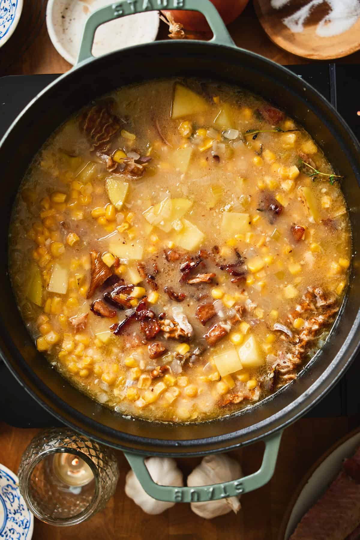 Chowder with corn, simmered until the potatoes are soft smoked skin.