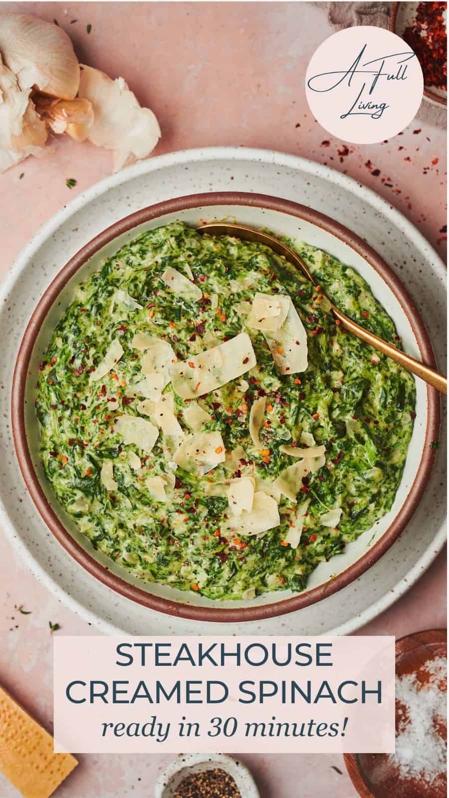 Steakhouse creamed spinach Pinterest pin.