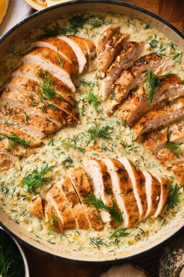 Creamy leek chicken with dill and lemon.