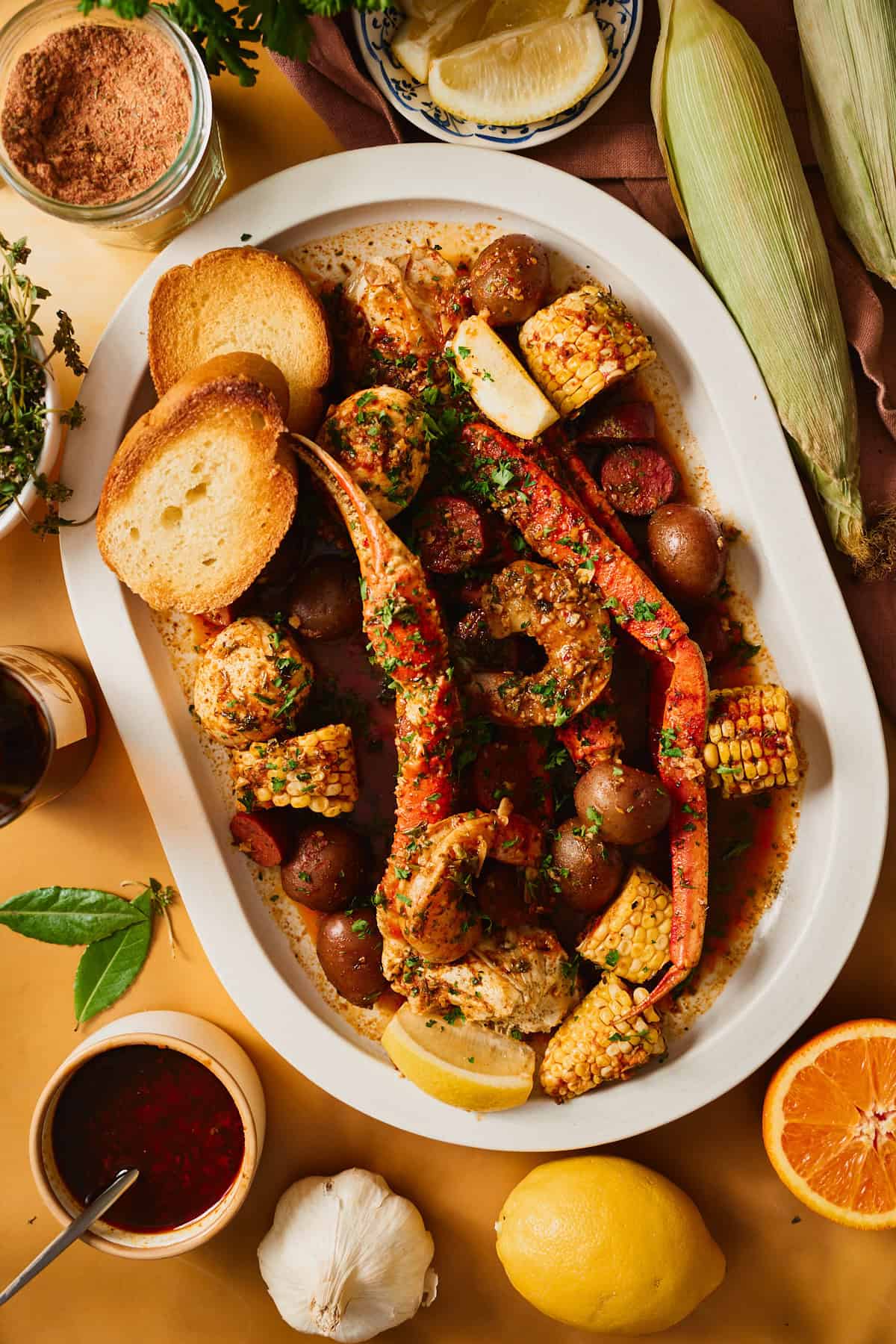 Platter of cooked shrimp, crab, potatoes, sausage, and corn with fresh corn, orange rounds, beer and buttery dipping sauce on the table.