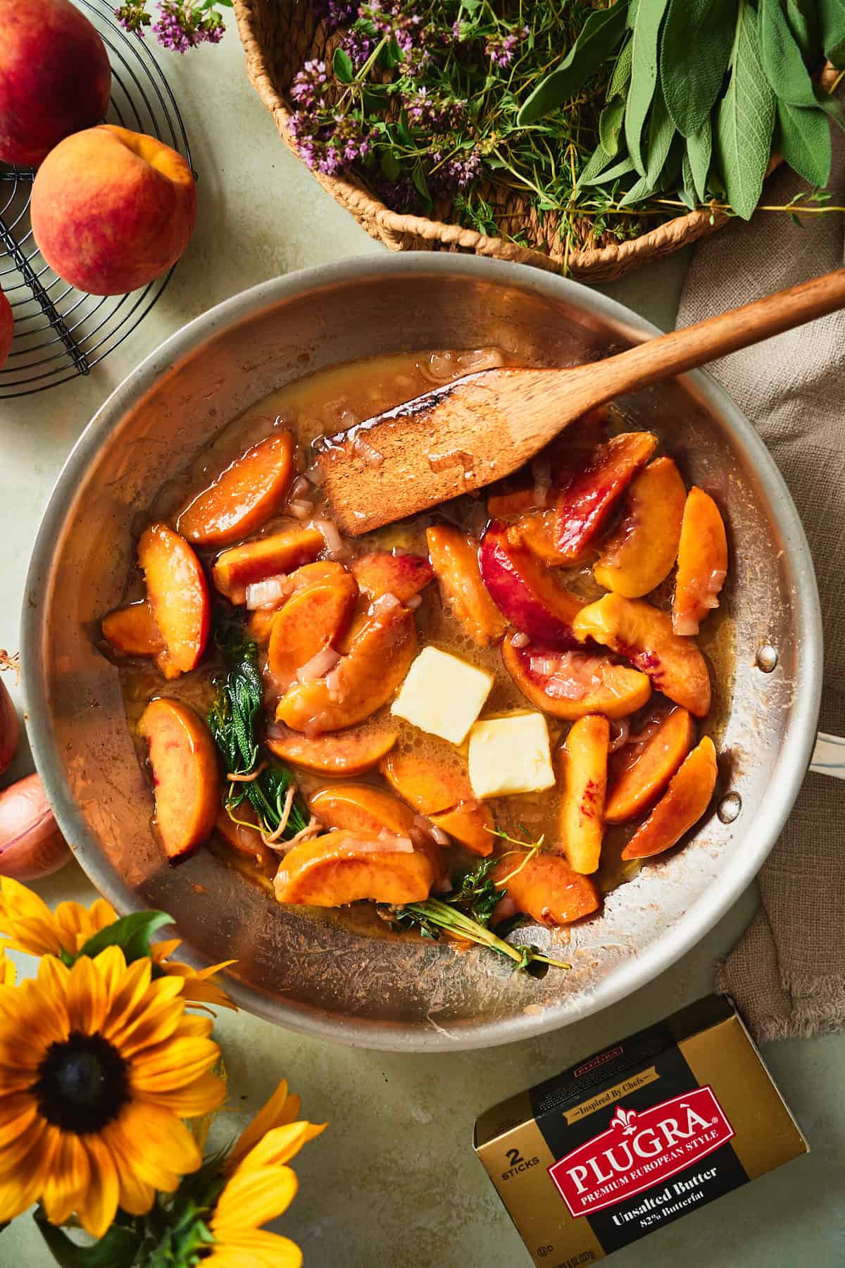 Cold butter added off heat to the peach pan sauce.