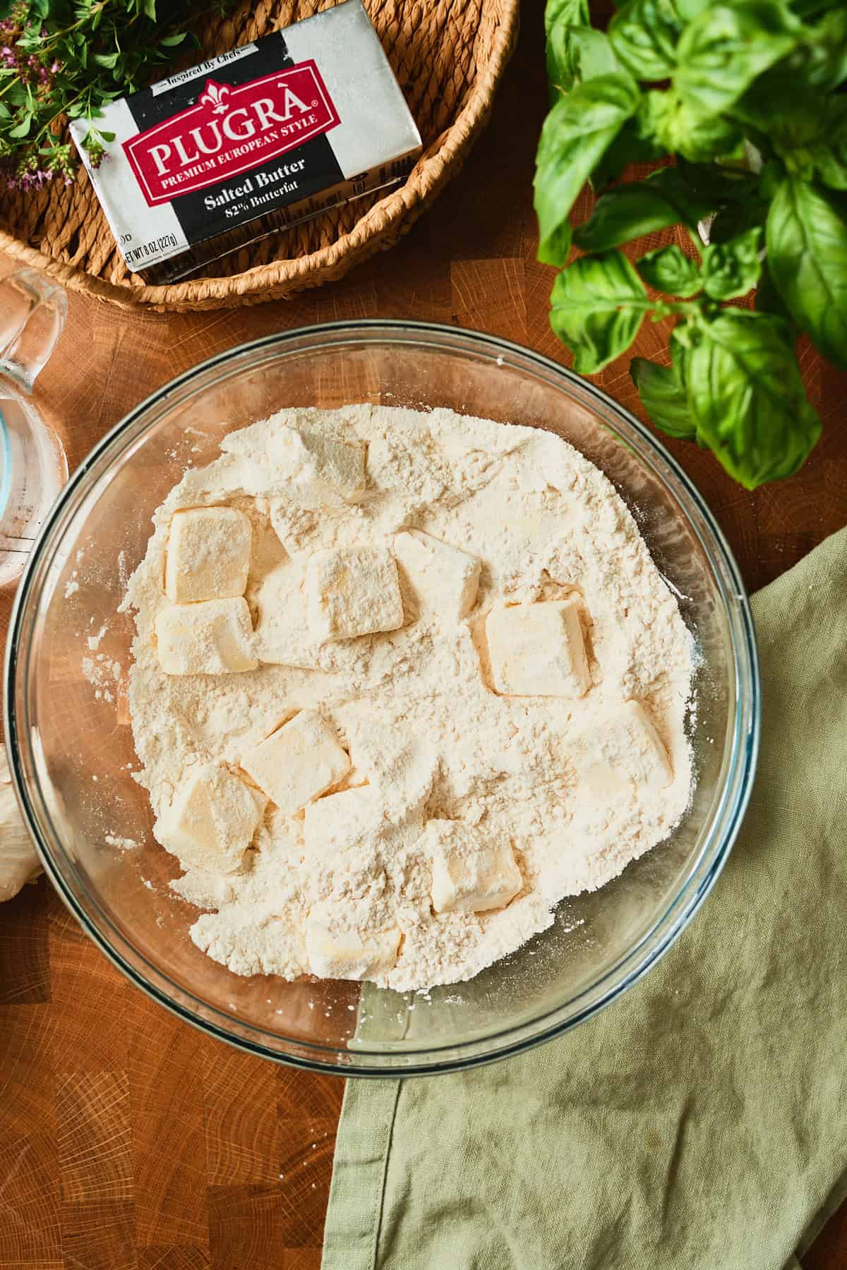 Butter cubes tossed to coat in flour before being worked into galette dough.