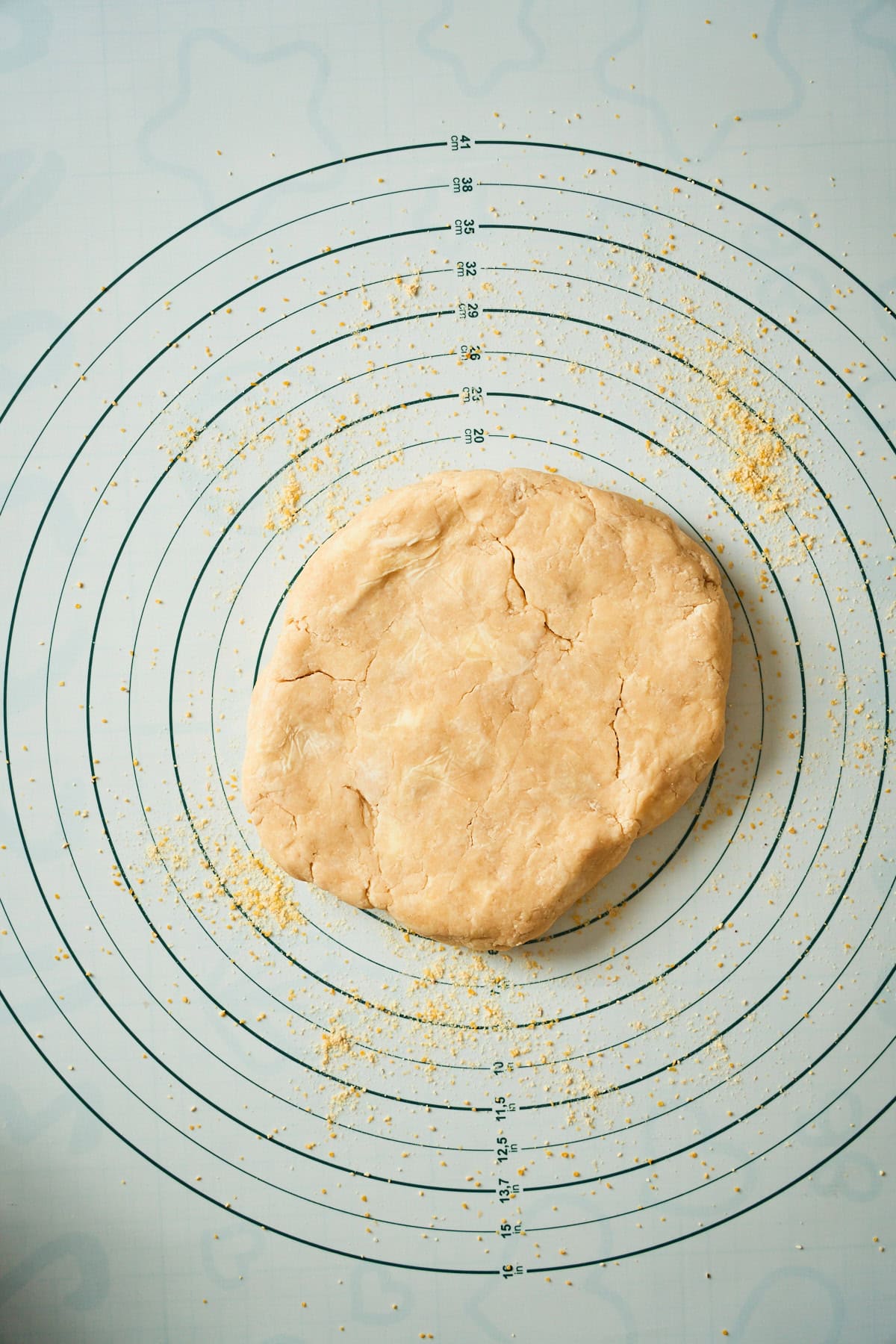 Chilled galette dough disk on a floured surface, ready to roll out.