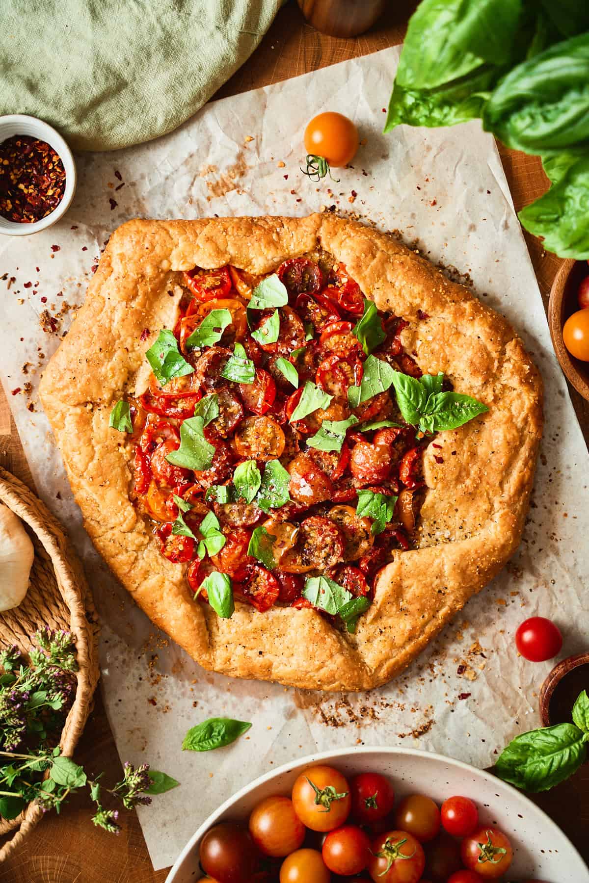 Whole cherry tomato galette with a golden pleated all-butter crust, topped with roasted cherry tomatoes, lemon butter, and torn basil.