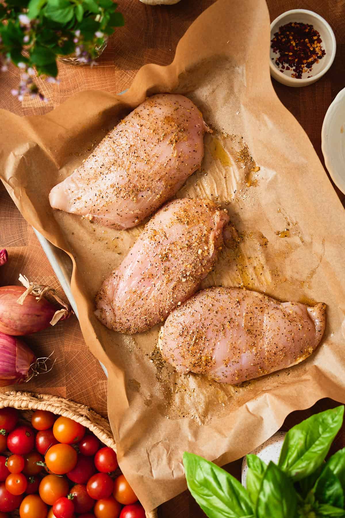 Three chicken breasts on parchment seasoned with Italian herbs and black pepper.