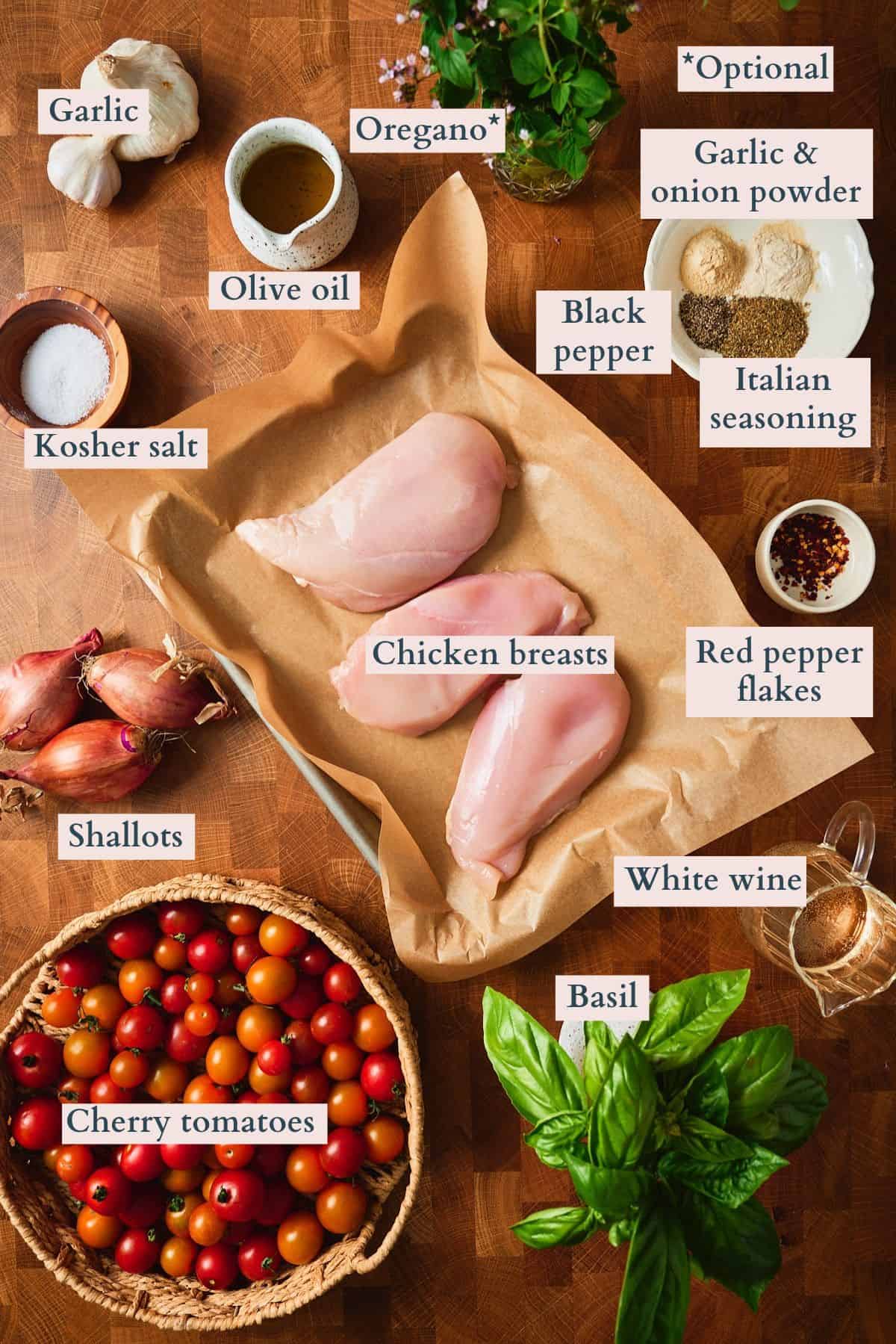 Labeled ingredients for chicken pomodoro including chicken breasts, cherry tomatoes, shallots, garlic, basil, oregano, and white wine.