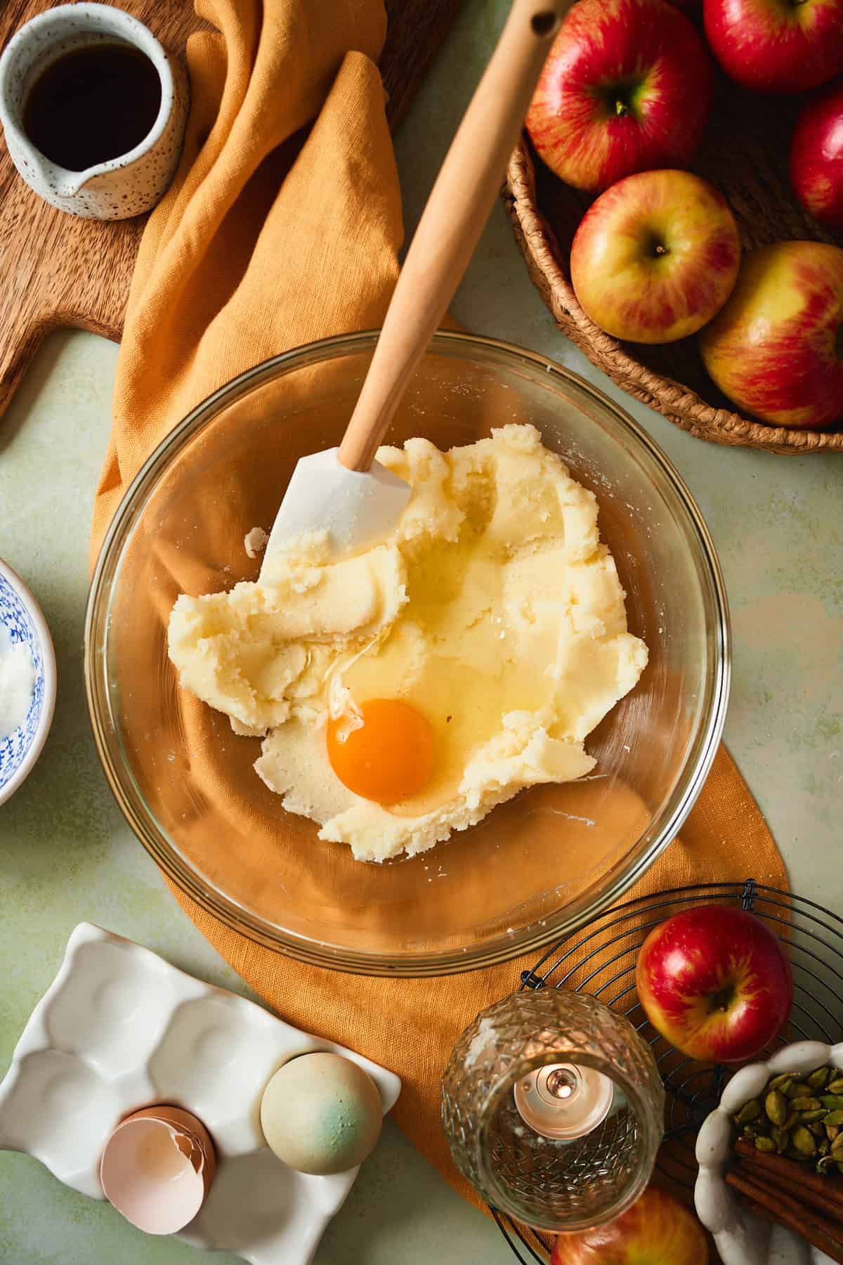 An egg added to the creamed butter and sugar.