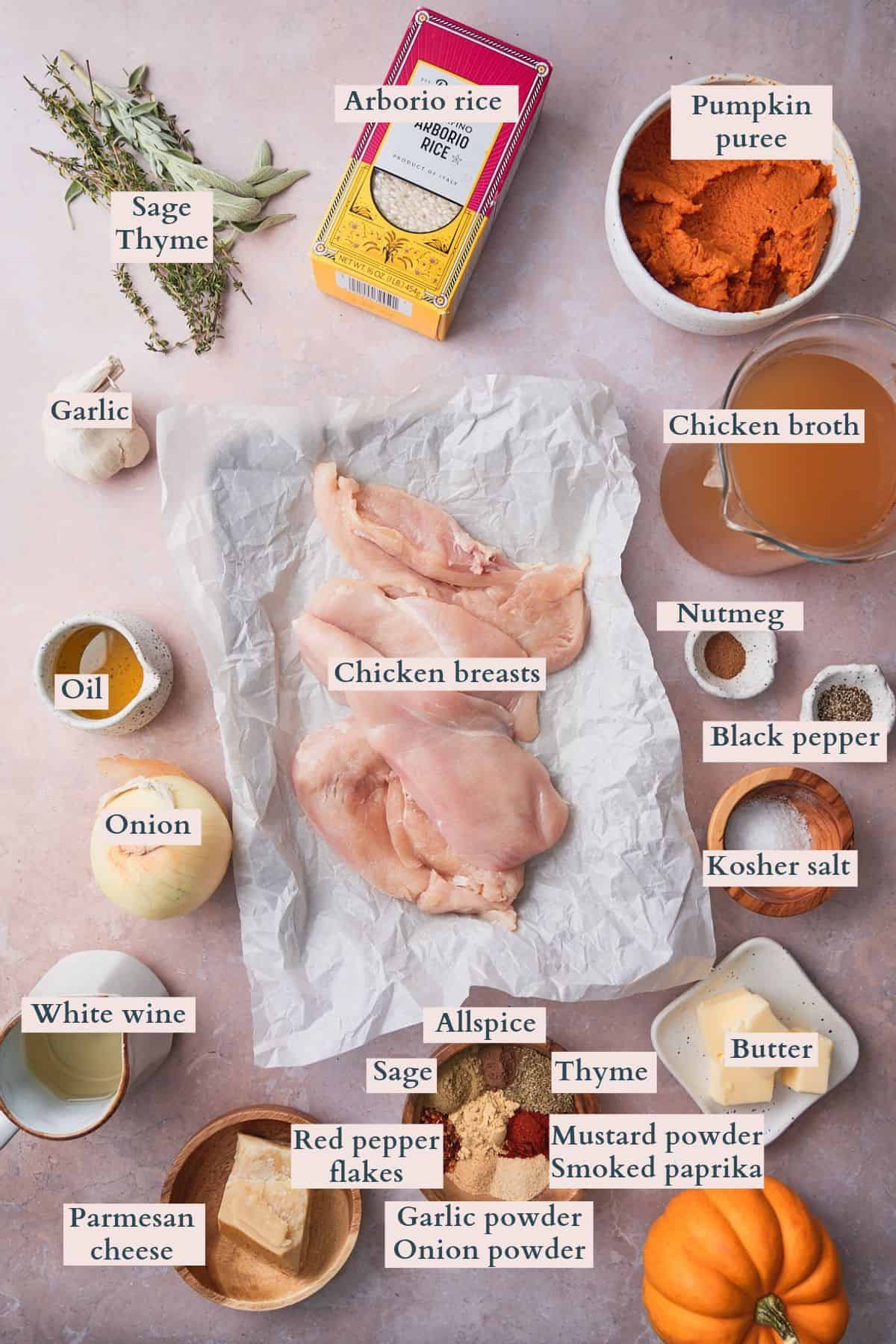 Labeled ingredients for pumpkin risotto with chicken, including arborio rice, pumpkin purée, chicken breasts, and fresh herbs.
