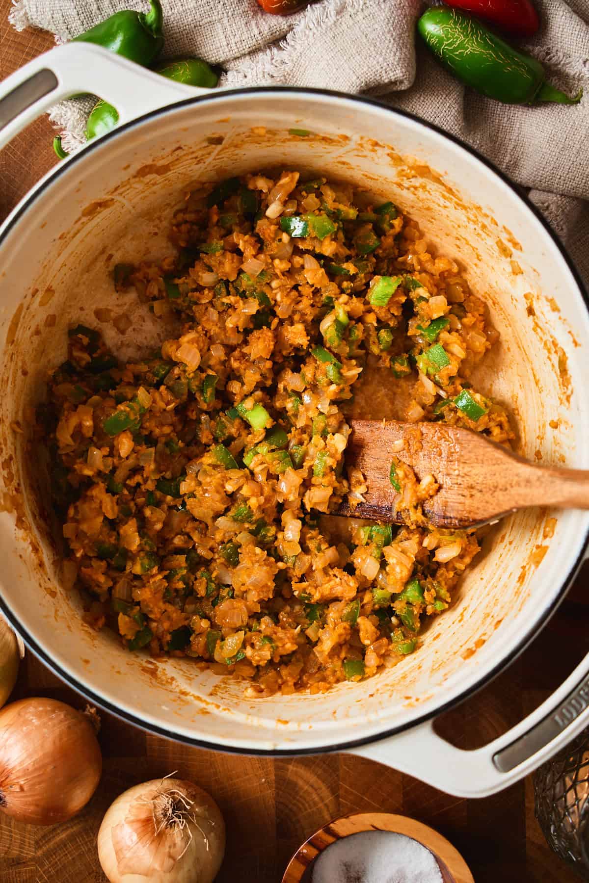 Flour cooked into the vegetables to form a thick roux in a Dutch oven.